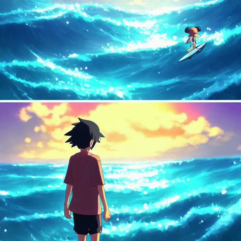 Split-image of character surfing wave and admiring sunset sky