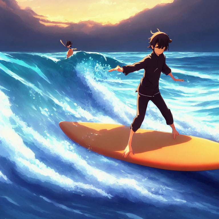 Animated characters surfing on large waves at sunset