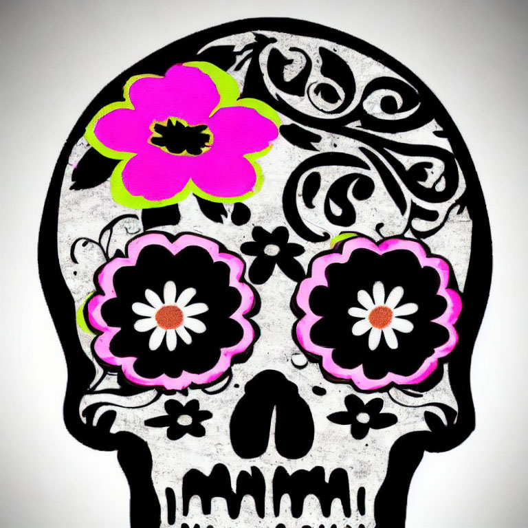 Decorated Skull with Black and White Pattern and Pink Flowers on Gray Background