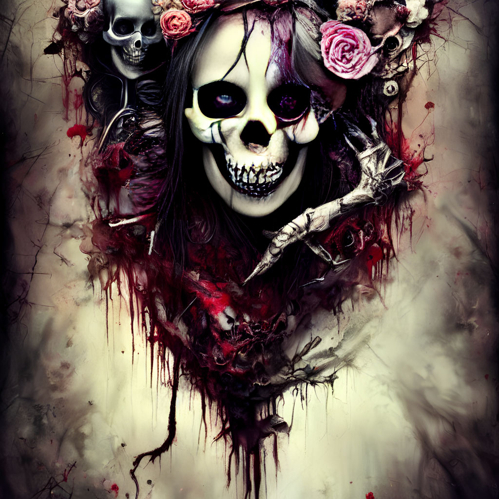 Macabre portrait with skull-faced figure, roses, and smaller skulls