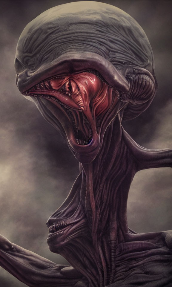 Alien creature with domed head, elongated limbs, and sharp teeth on misty background