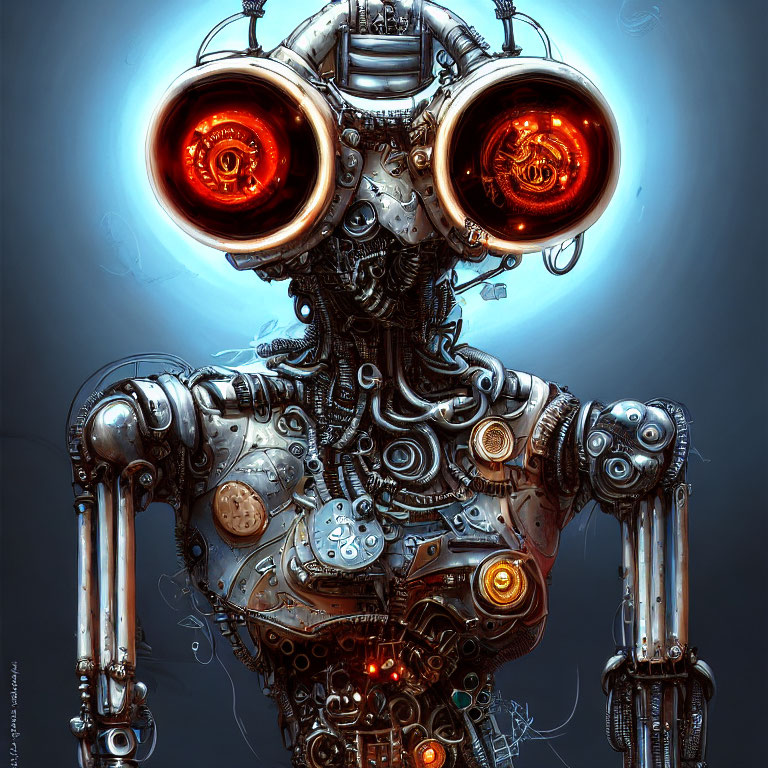 Detailed Illustration: Robot with Glowing Orange Eyes and Mechanical Parts