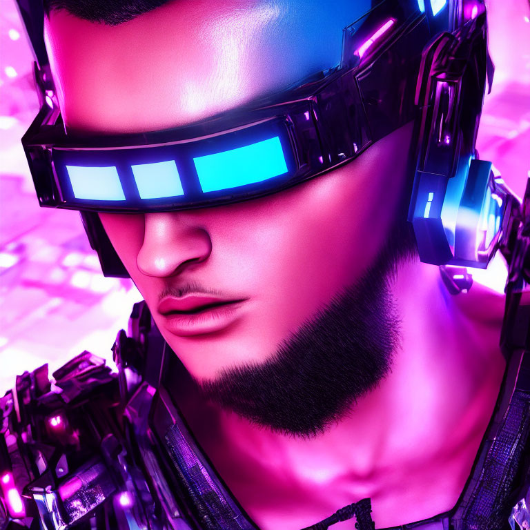 Futuristic man with neon-lit cyberpunk visor and headset