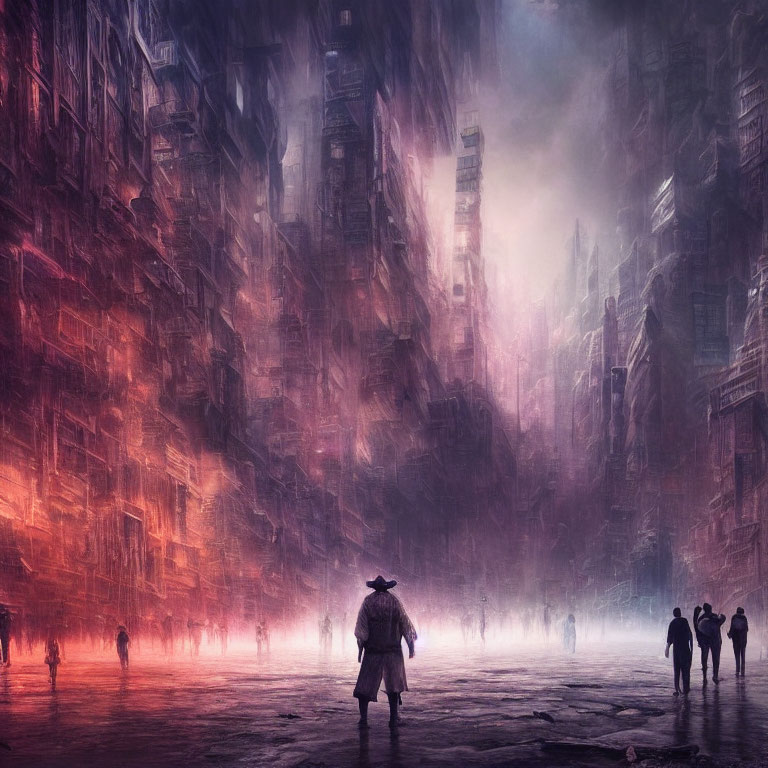 Silhouetted figure in hat in foggy cityscape with towering buildings and wandering people