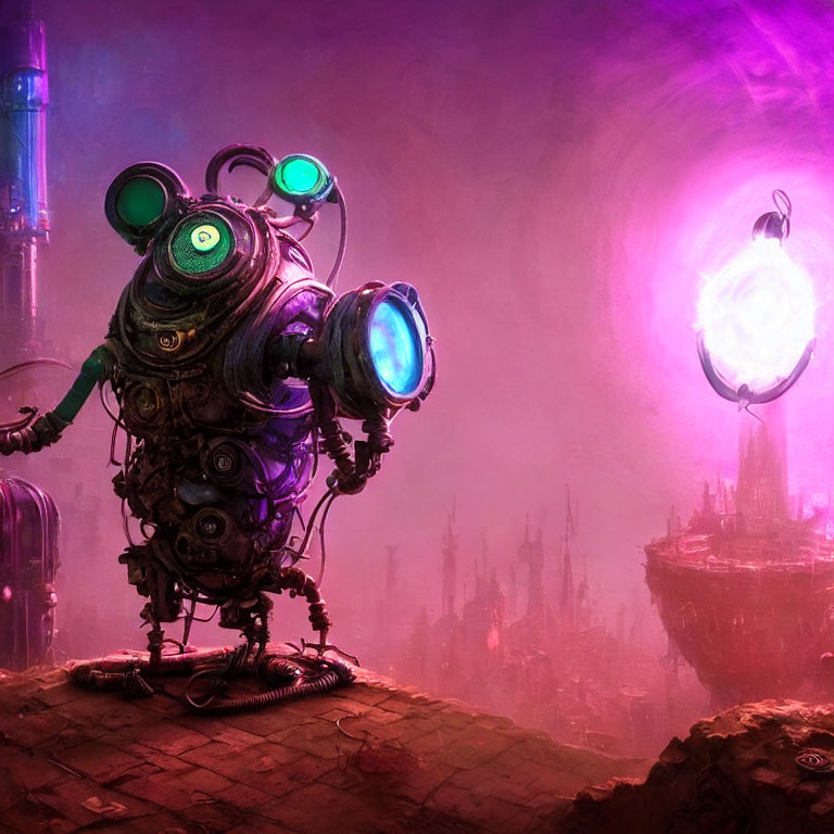 Futuristic robot with glowing green eyes in neon-lit cityscape