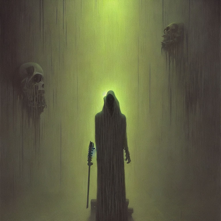 Cloaked figure in mist with illuminated arrowhead and grim skulls.