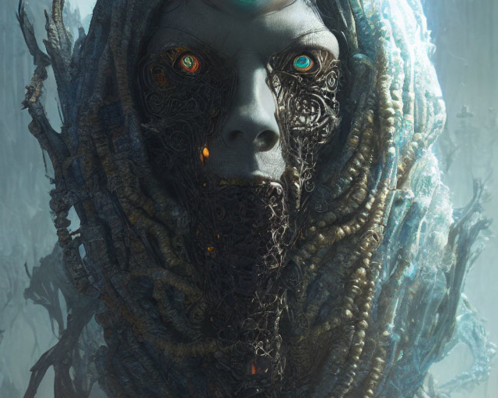 Detailed digital artwork of mystical figure with ornate headpiece & vivid eye