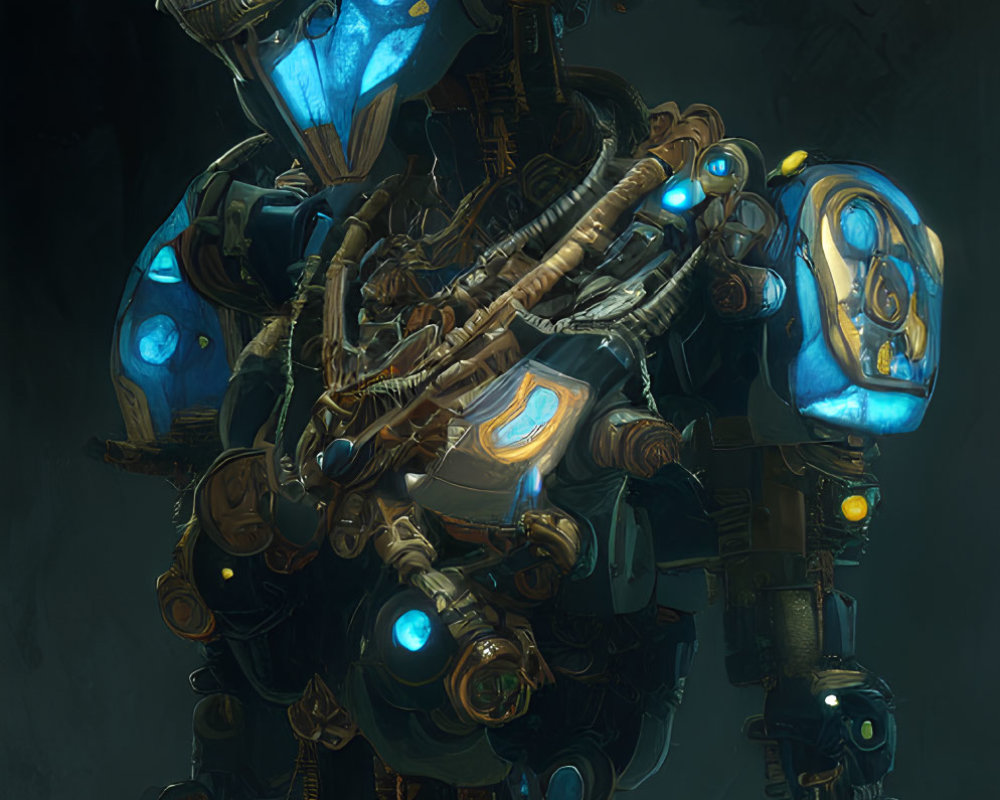 Intricate futuristic robot with glowing blue elements on dark background