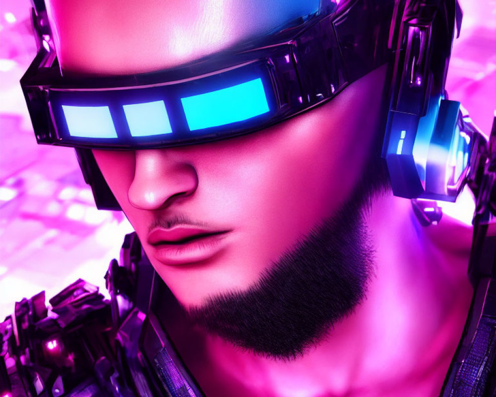 Futuristic man with neon-lit cyberpunk visor and headset