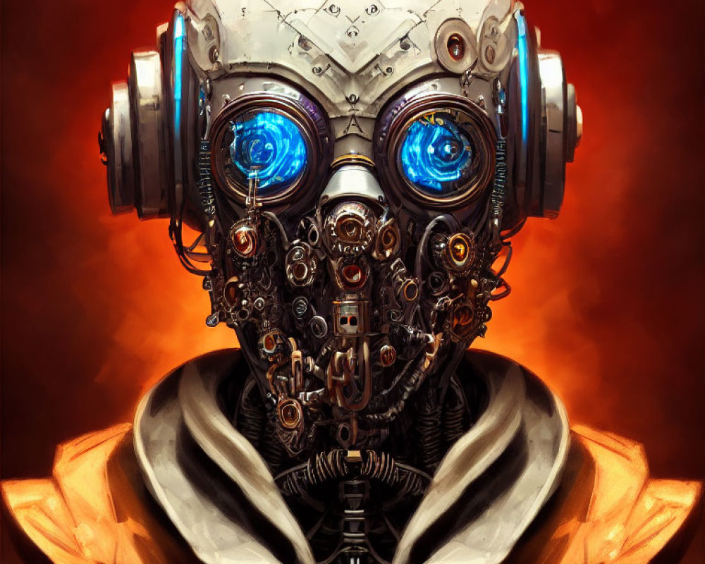 Detailed digital artwork: Robot with glowing blue eyes on fiery red backdrop