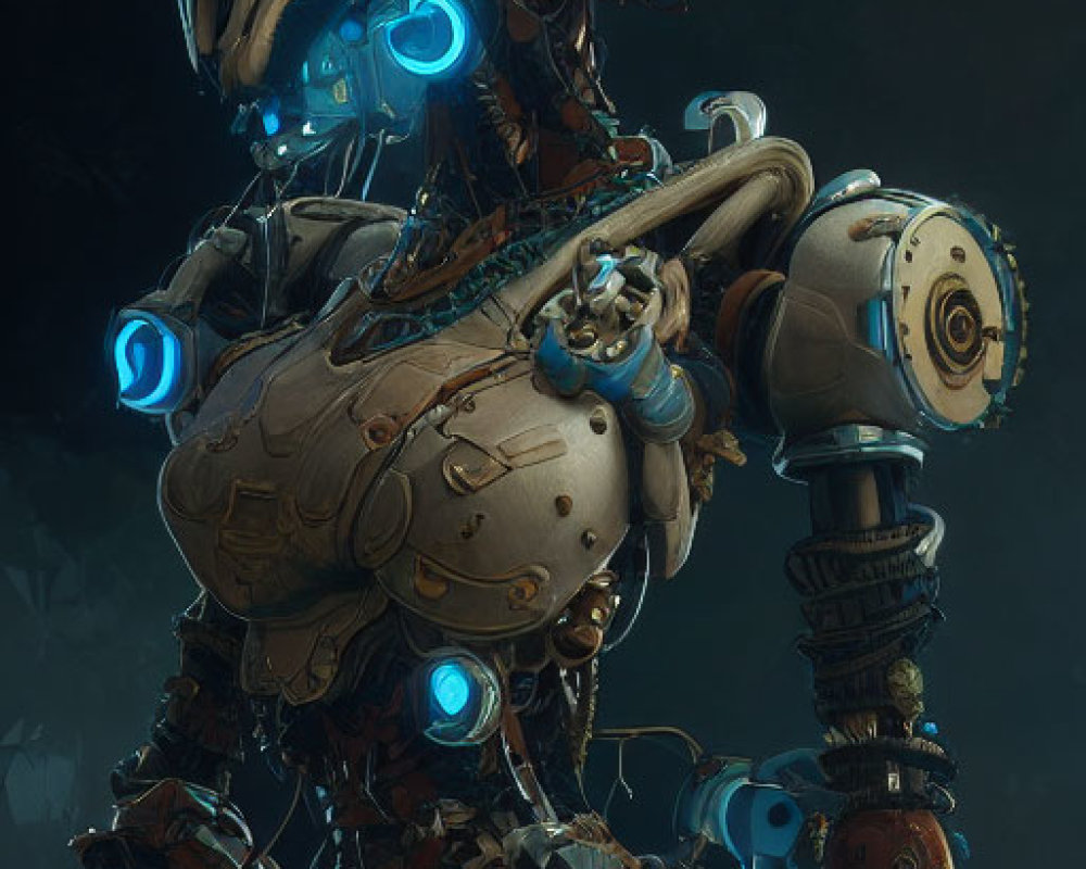 Tall humanoid robot with rusted body and blue lights