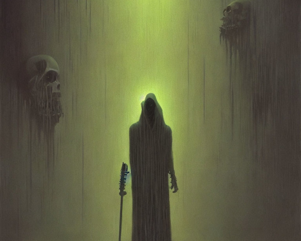 Cloaked figure in mist with illuminated arrowhead and grim skulls.