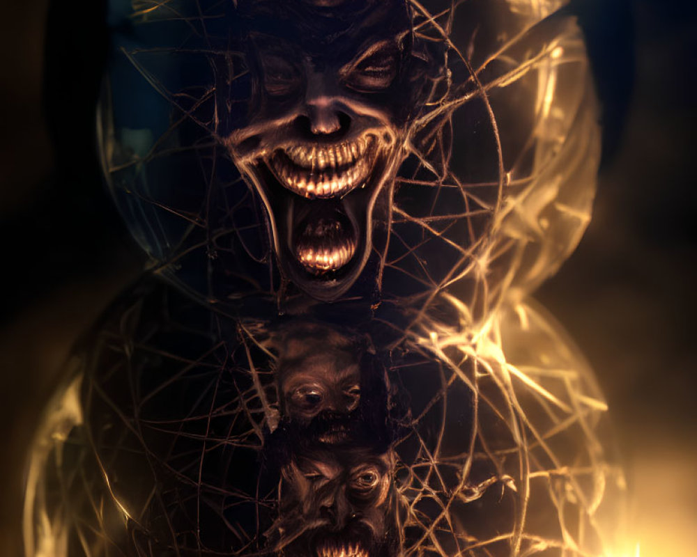 Three glowing, distorted faces with a blue orb stacked vertically