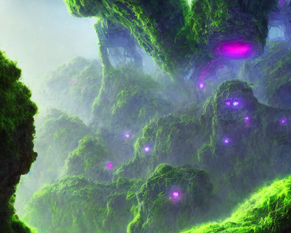 Mystical landscape with moss-covered rocks and purple lights