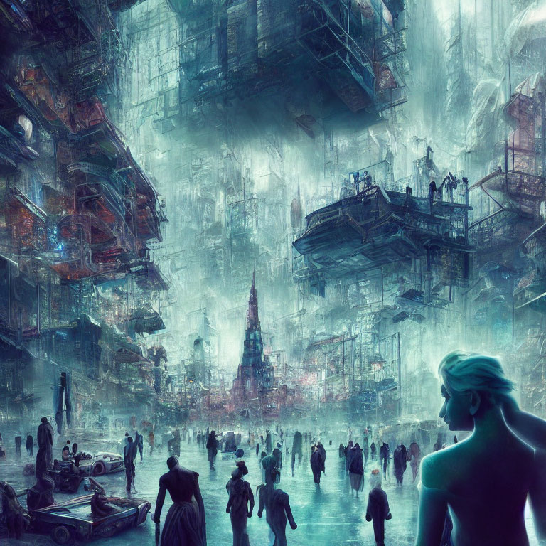 Futuristic cityscape with towering structures and silhouetted figures in dense fog.