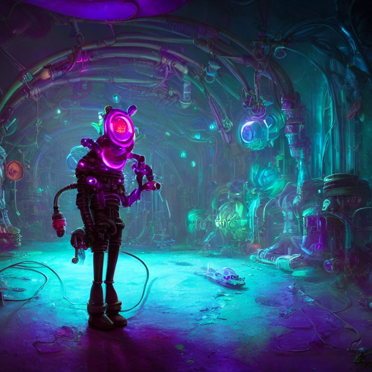 Futuristic sci-fi scene with robot astronaut in vibrant corridor