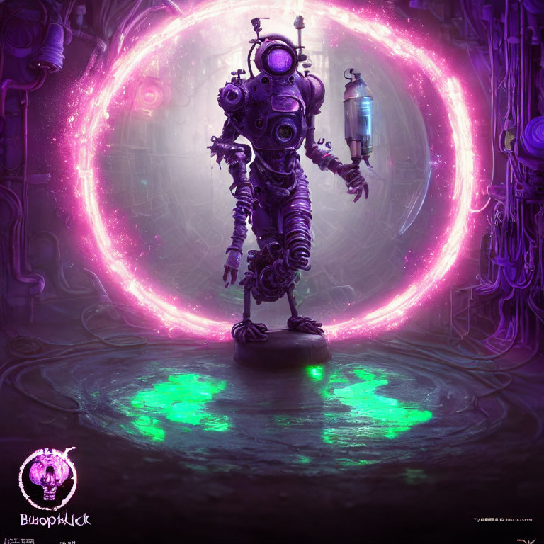 Sentient robotic figure in glowing purple portal with intricate mechanical details