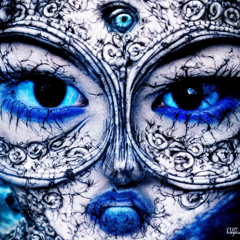 Detailed Blue and White Lace Face Paint Close-Up