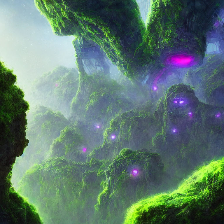 Mystical landscape with moss-covered rocks and purple lights