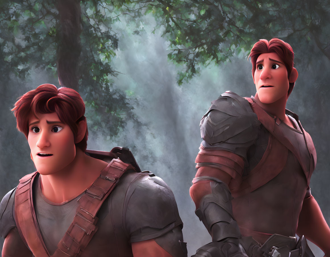 Medieval armor-clad animated characters in misty forest setting