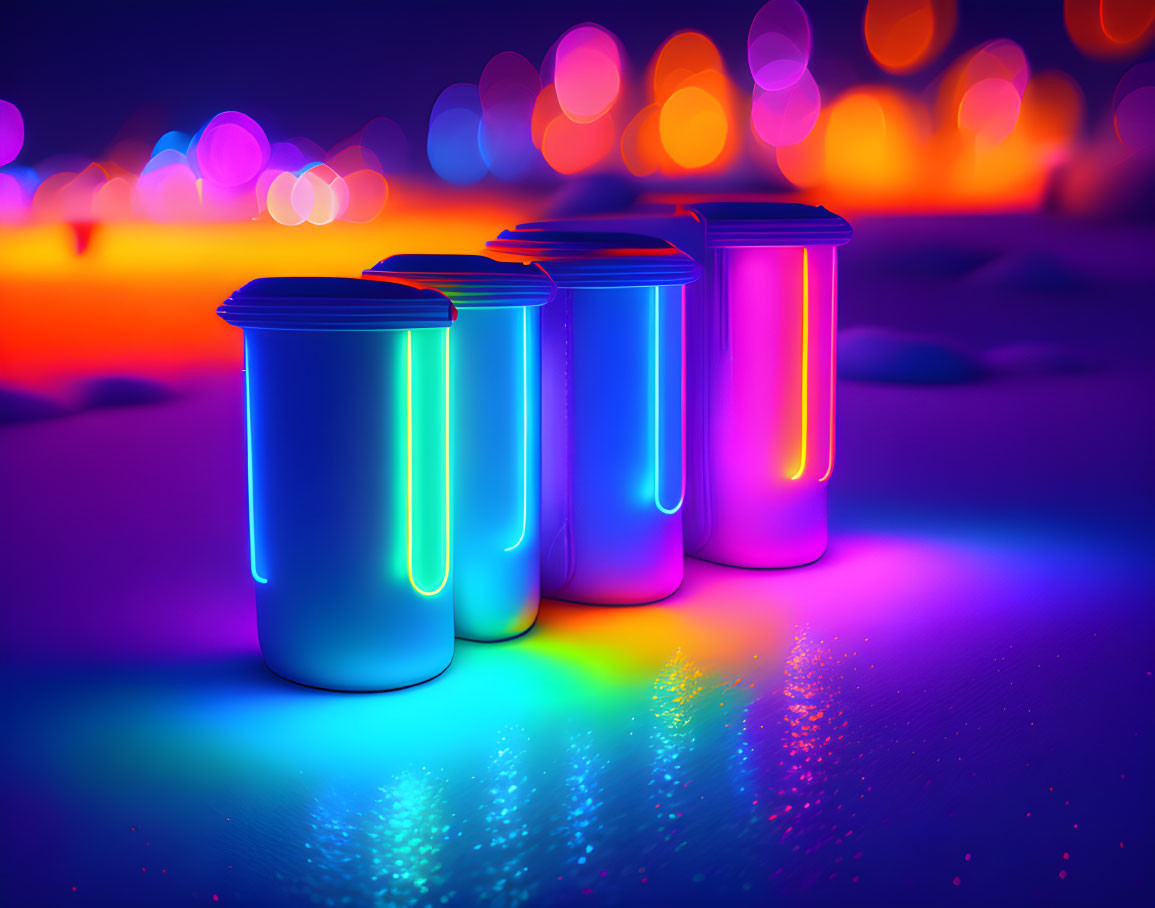 Colorful Glowing Neon Trash Bins on Reflective Surface