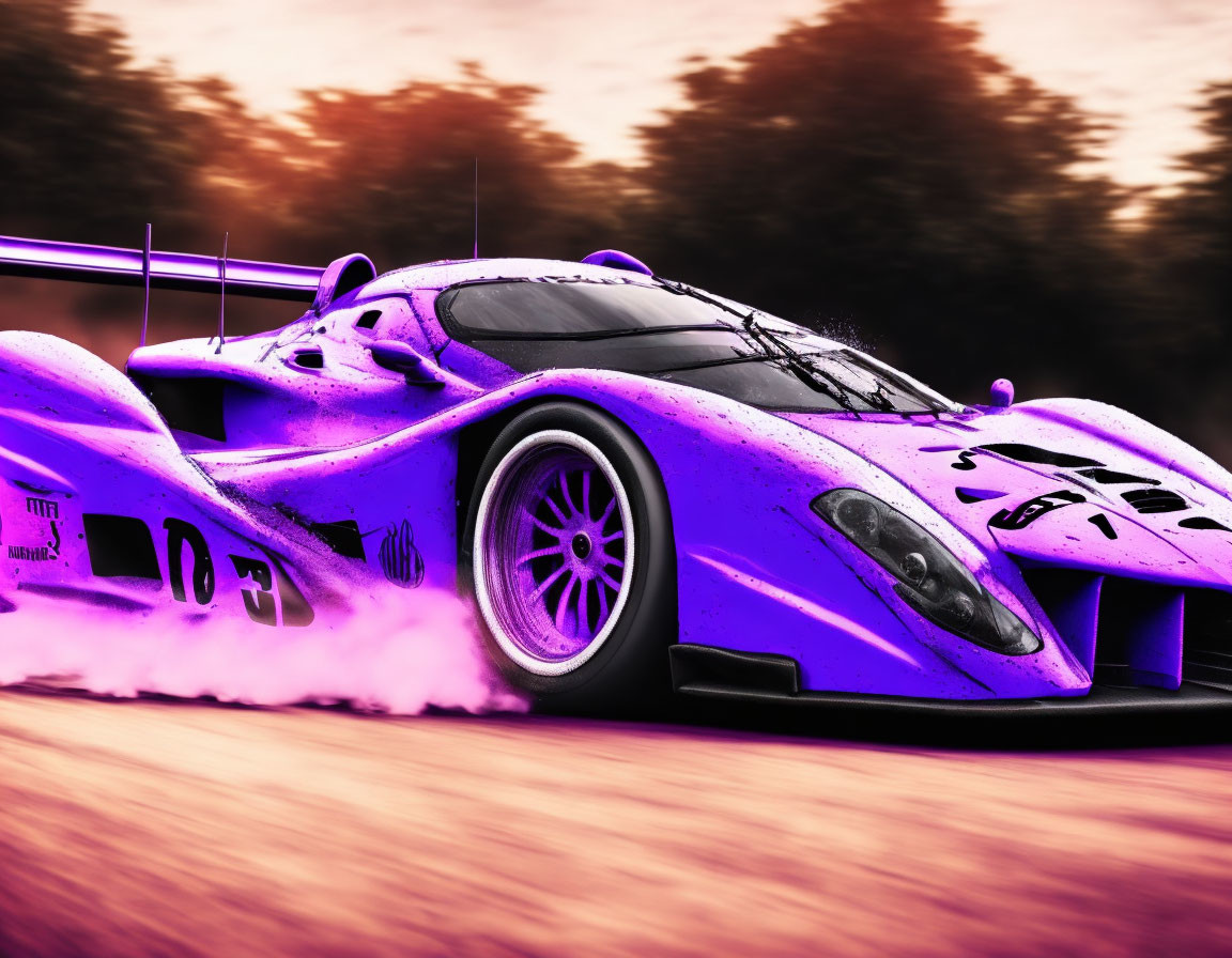 Purple race car with number 03 emits pink smoke on track with motion blur