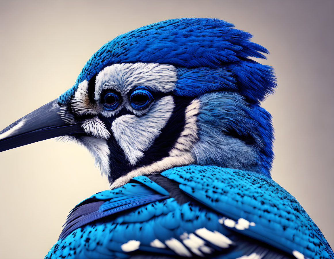 Blue jay bird displaying vibrant blue feathers, sharp beak, and distinctive patterns on beige background