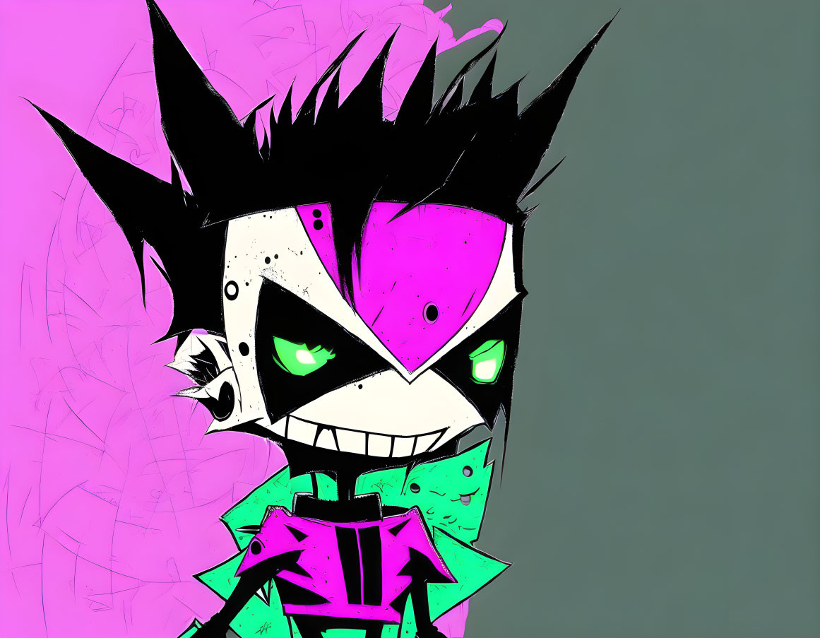 Stylized character with spiky black hair, green skin, pink mask, mischievous