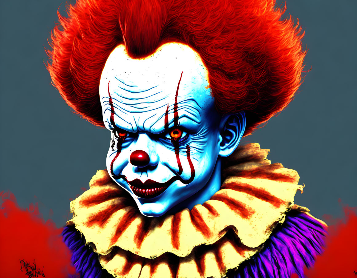 Menacing Clown Illustration with Red Hair and Blue Face Paint