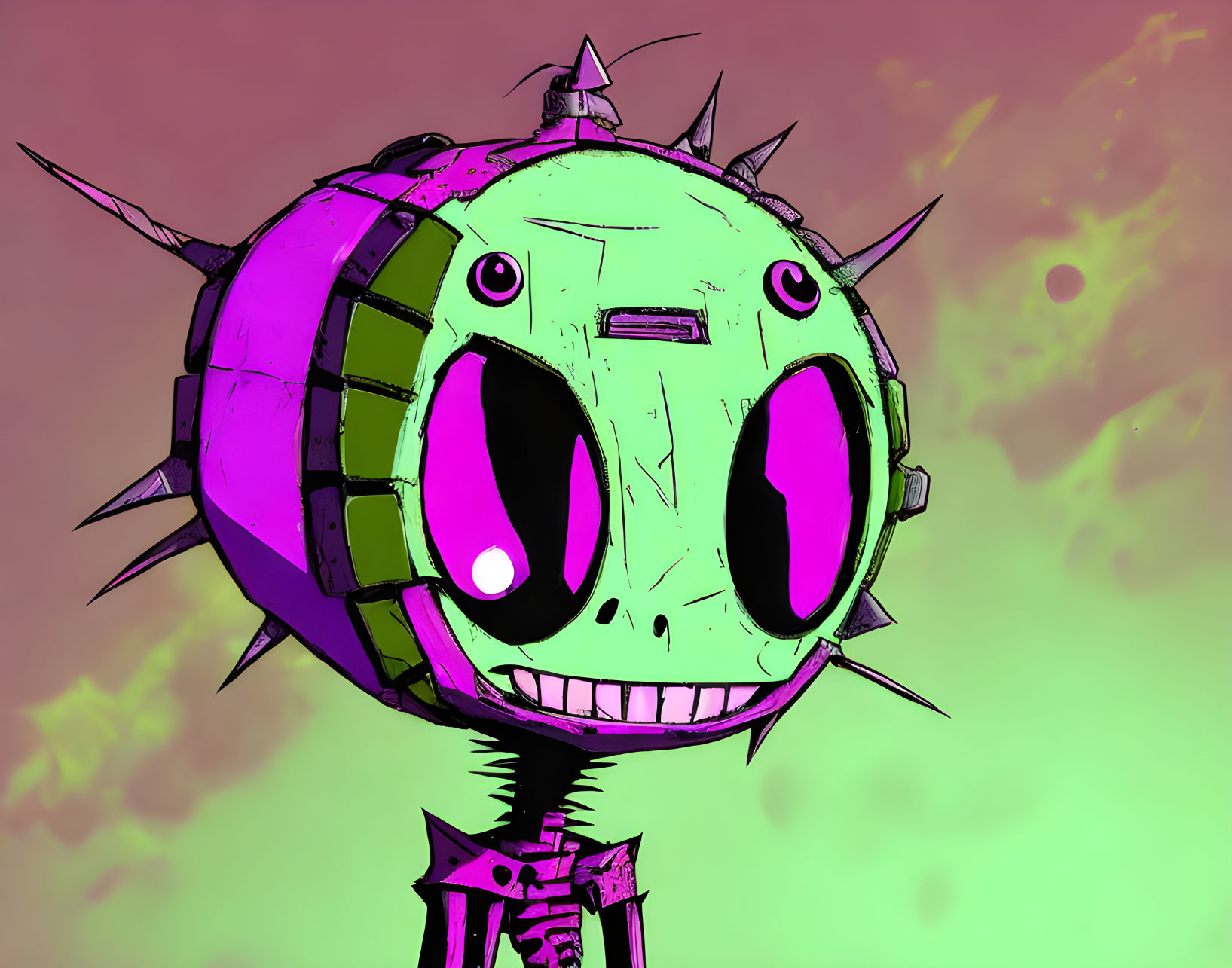 Robotic head illustration with pink eyes and spiky adornments