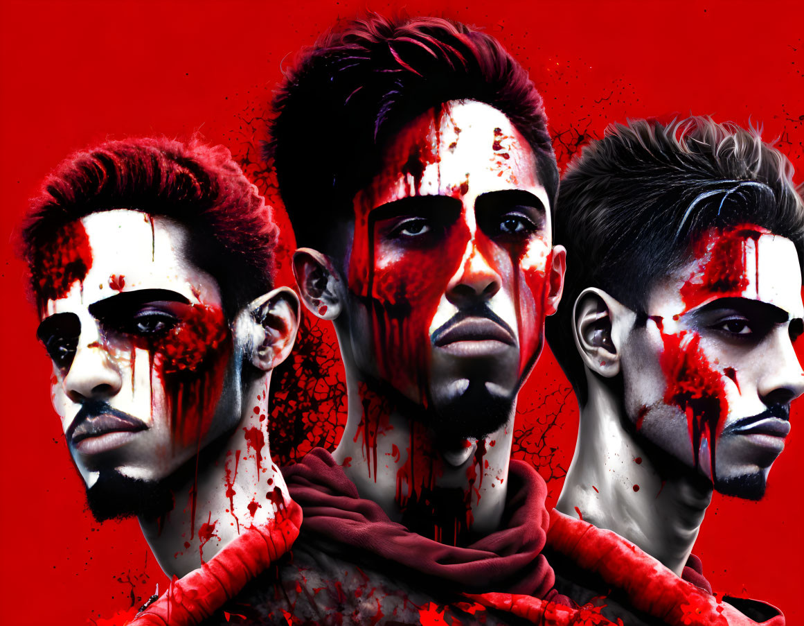 Three dramatic red and black face paint portraits on vibrant red backdrop