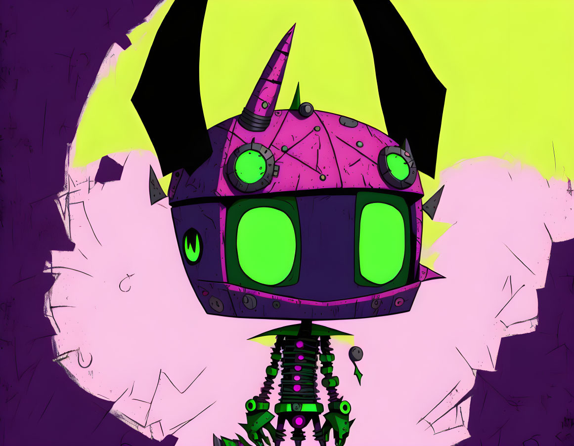 Colorful robotic head with green eyes, purple crown, and horns on vibrant background