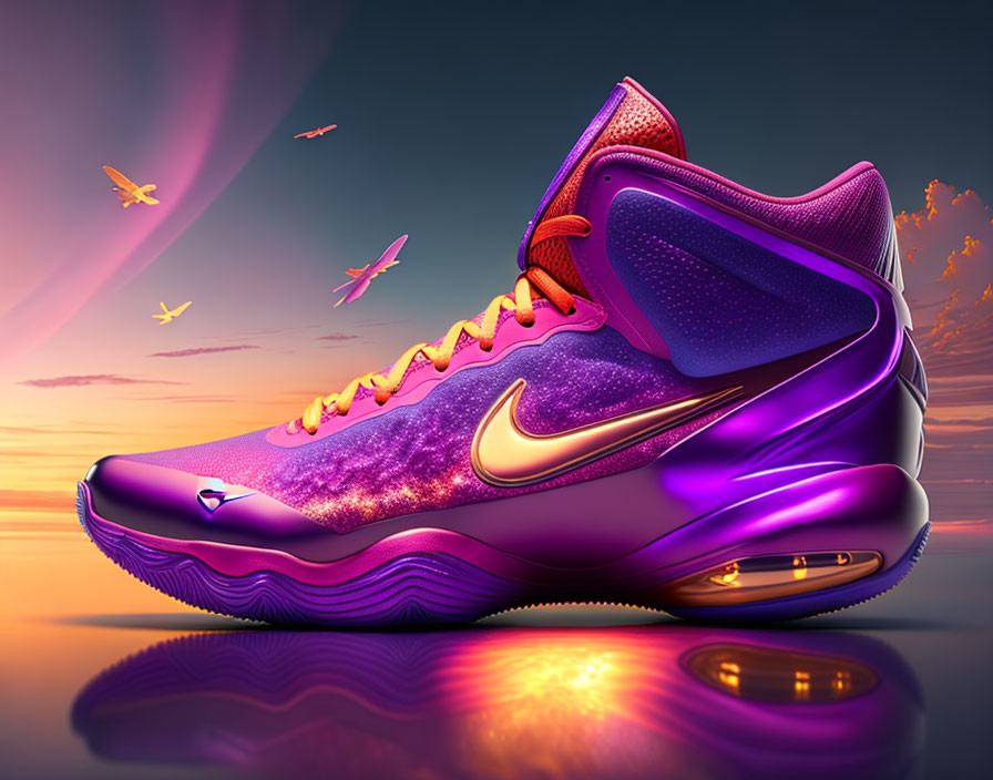 Cosmic-themed Nike basketball shoe digital artwork with purple hues and starry patterns