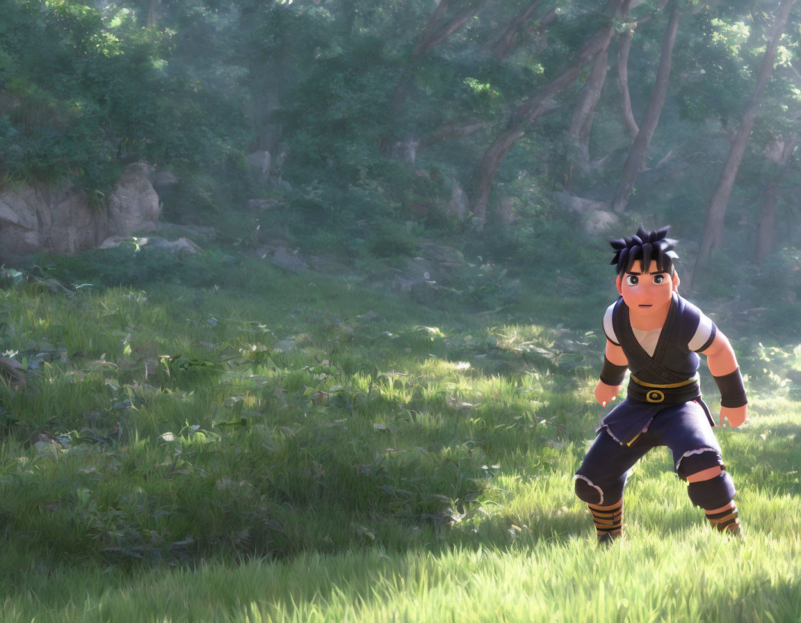 Determined ninja character in lush forest clearing