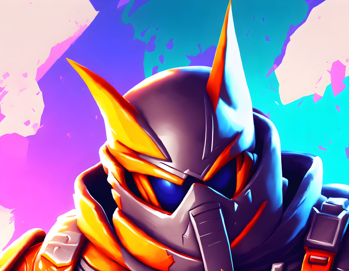 Stylized character with metallic helmet and glowing eyes on vibrant backdrop