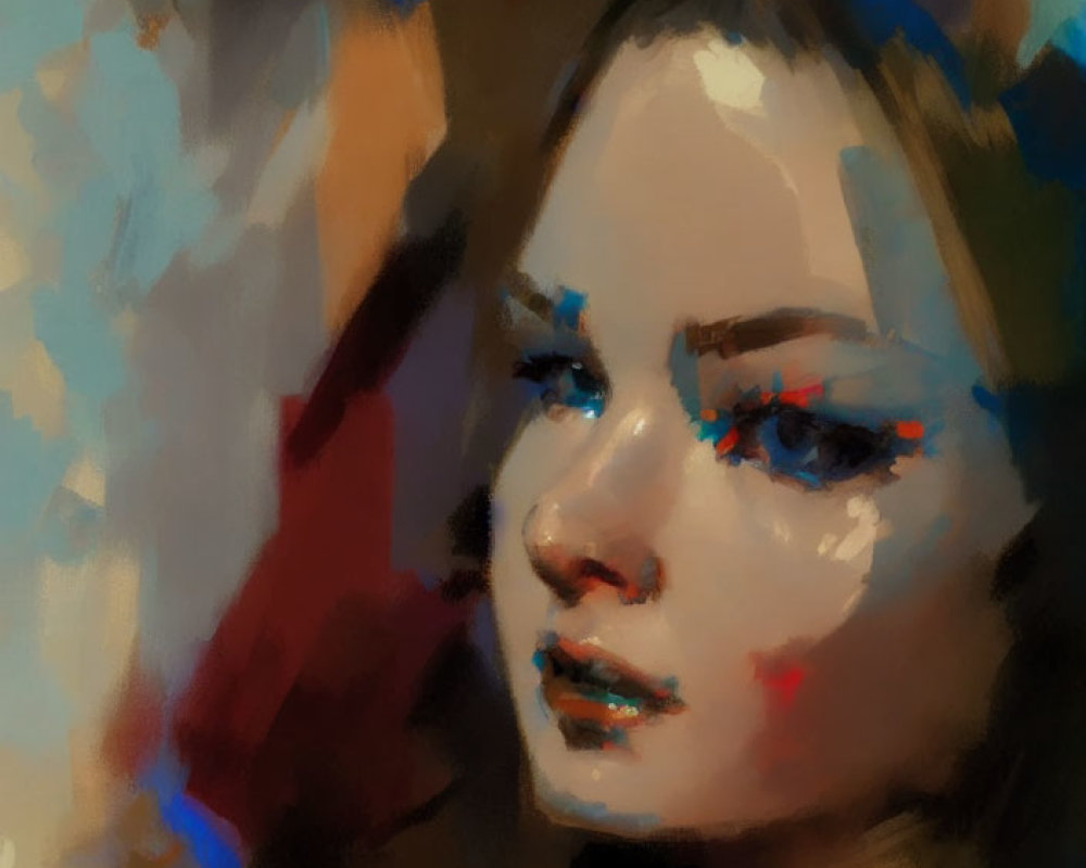 Blue-eyed person portrayed in abstract brushstrokes on blurred background