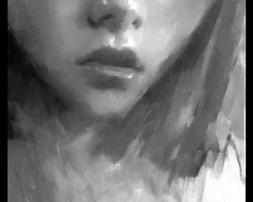 Monochromatic digital portrait with expressive brushstrokes and contemplative eyes