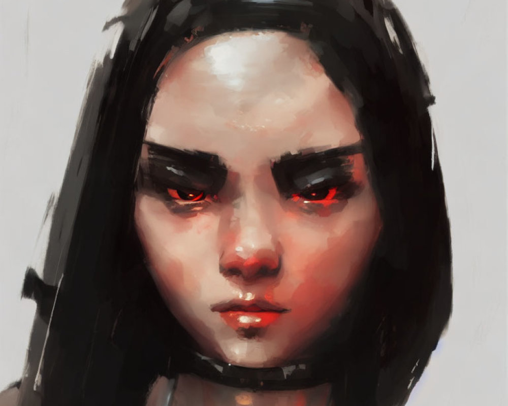 Portrait of a person with glowing red eyes and intense expression