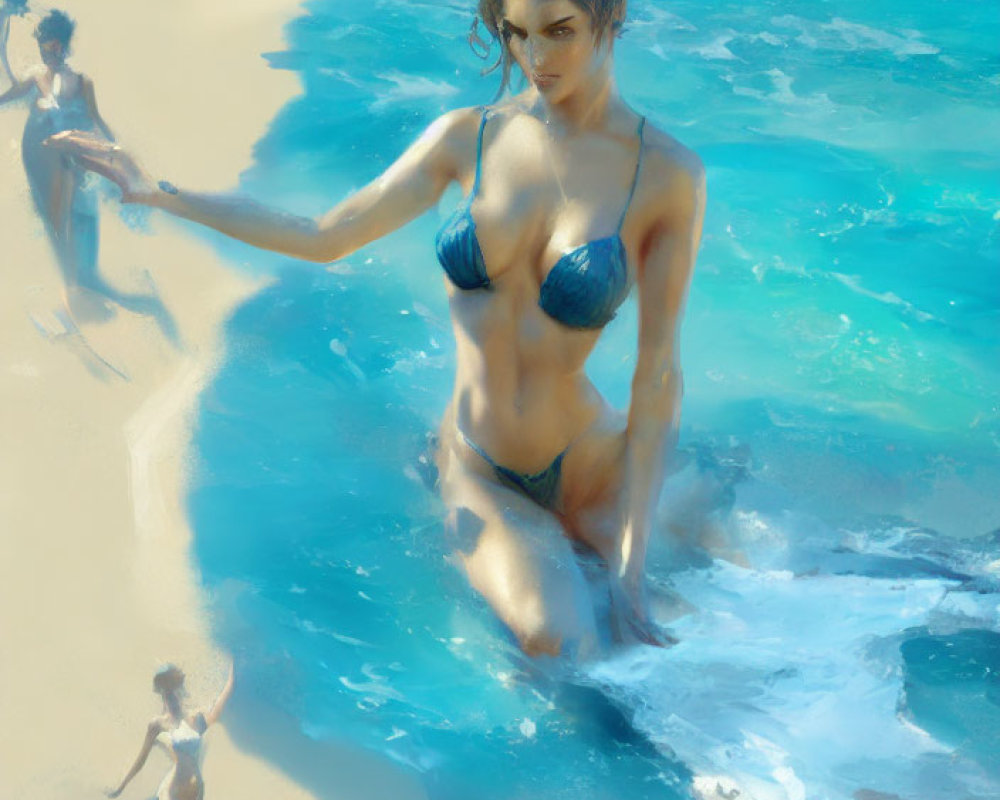 Artistic depiction of three women on a beach, one in blue bikini emerging from water