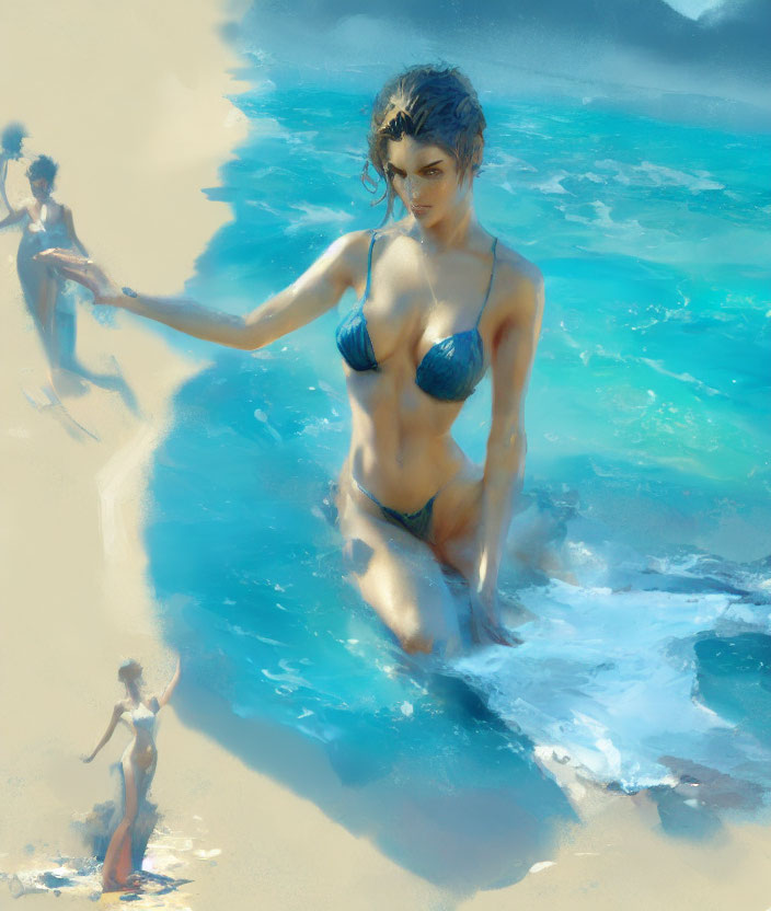 Artistic depiction of three women on a beach, one in blue bikini emerging from water