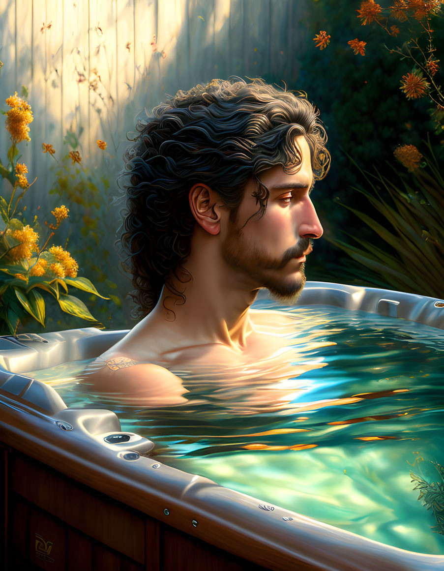 Curly-Haired Man Relaxing in Hot Tub Surrounded by Flowers