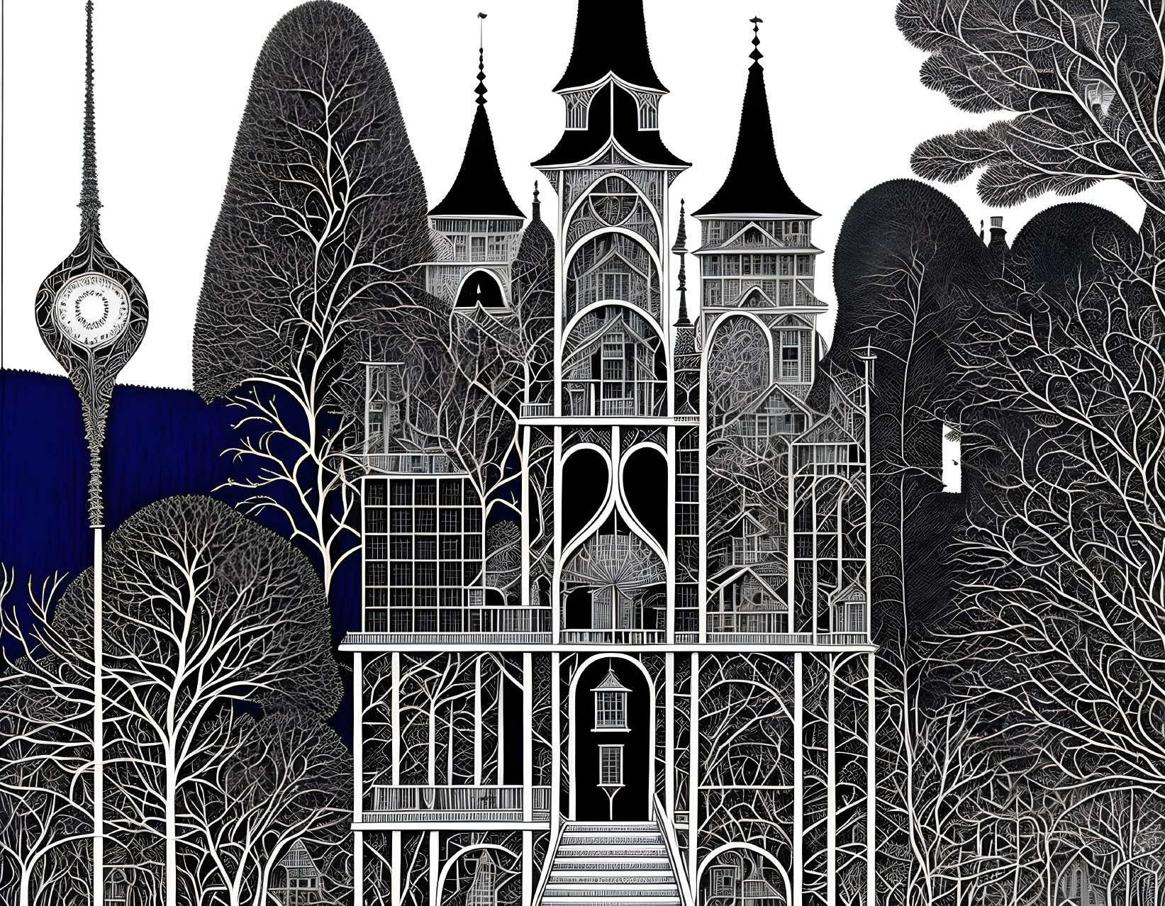 Detailed monochrome mansion illustration with turrets and trees under crescent moon