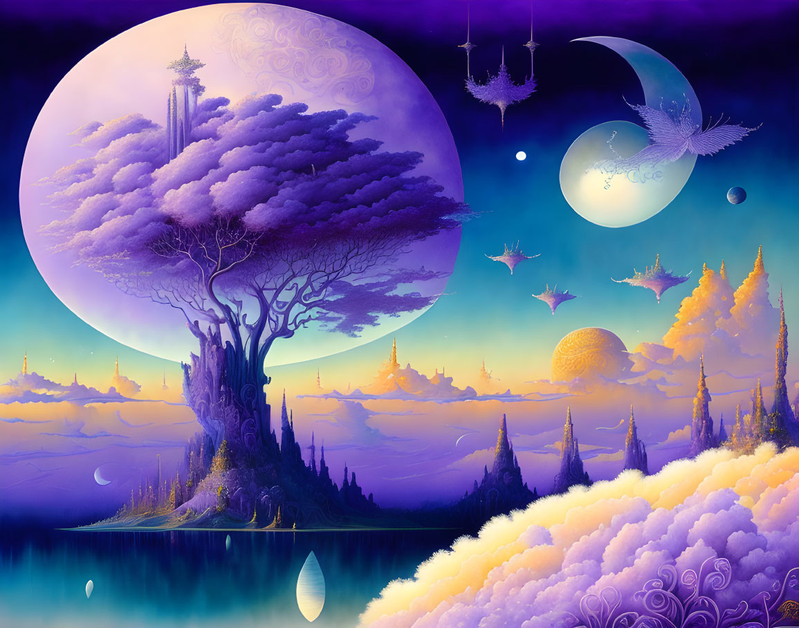 Fantastical scene with purple sky, floating moons, grand tree, whimsical cities, and surreal