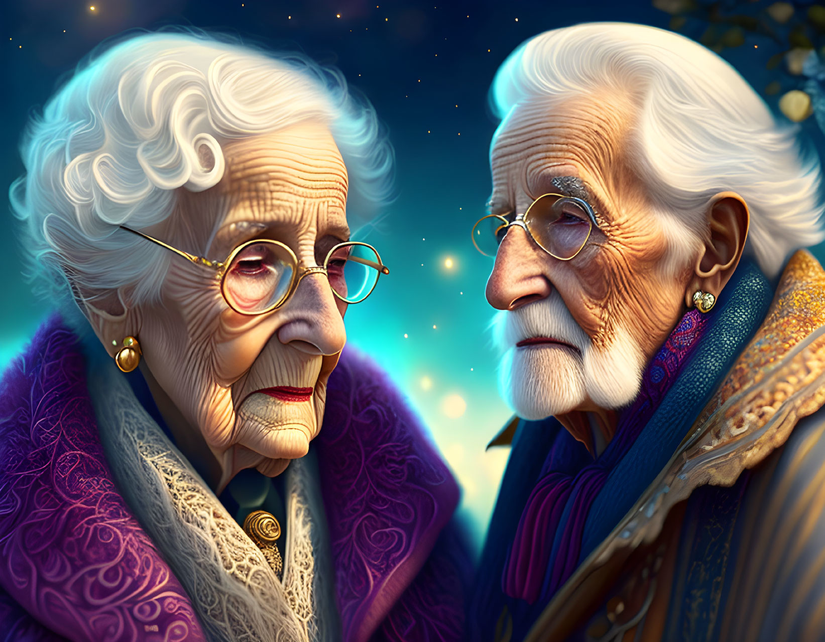 Elderly Couple in Glasses Embrace Under Starry Night