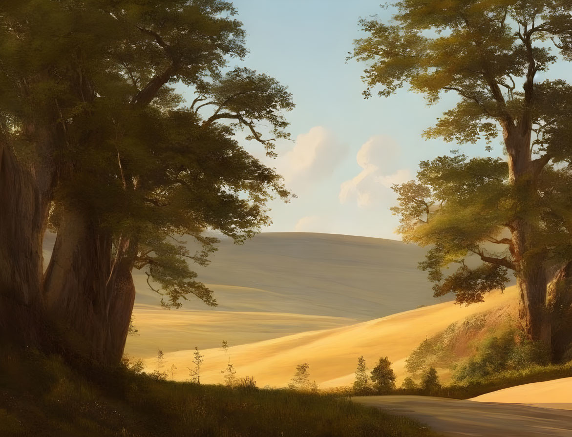 Tranquil landscape with winding road, tall trees, golden hills, and fluffy clouds