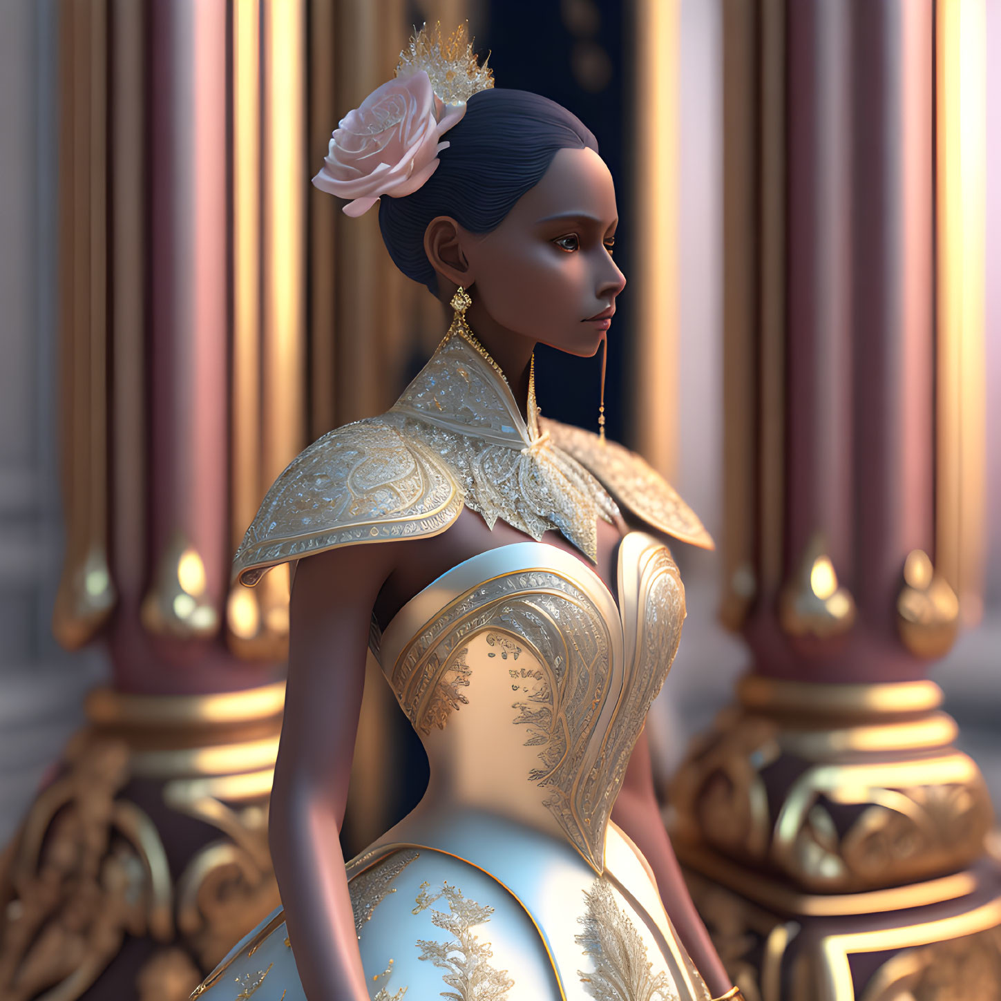 3D-rendered woman in ornate golden dress and accessories by columns