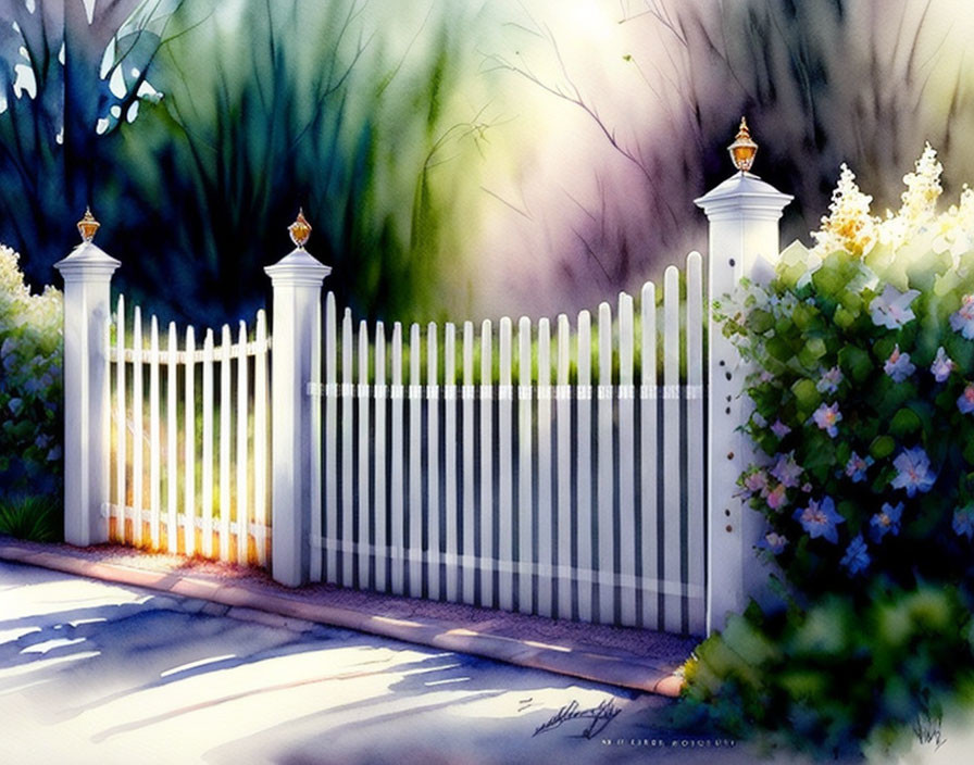 White Picket Fence with Lit Lanterns in Serene Garden Setting