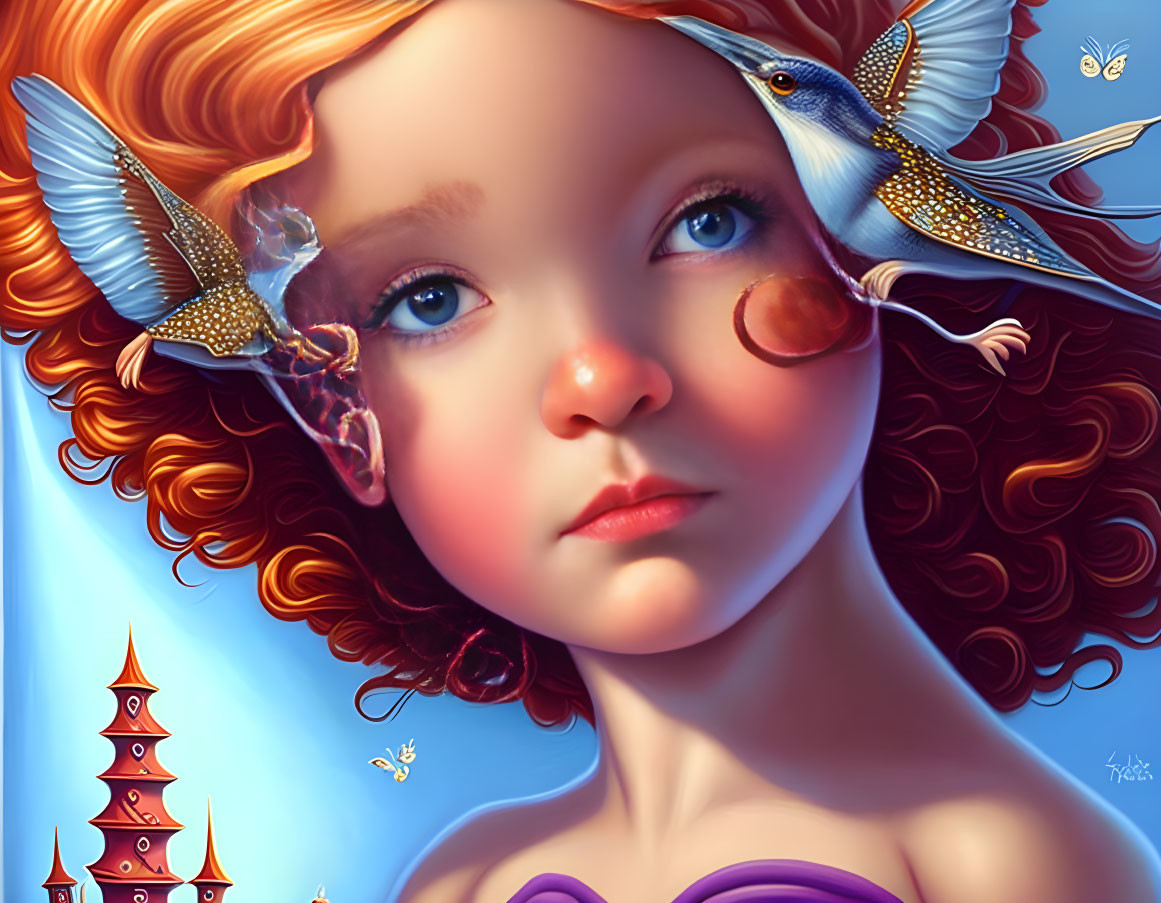 Young girl with red hair and blue eyes surrounded by birds and butterflies in a whimsical setting