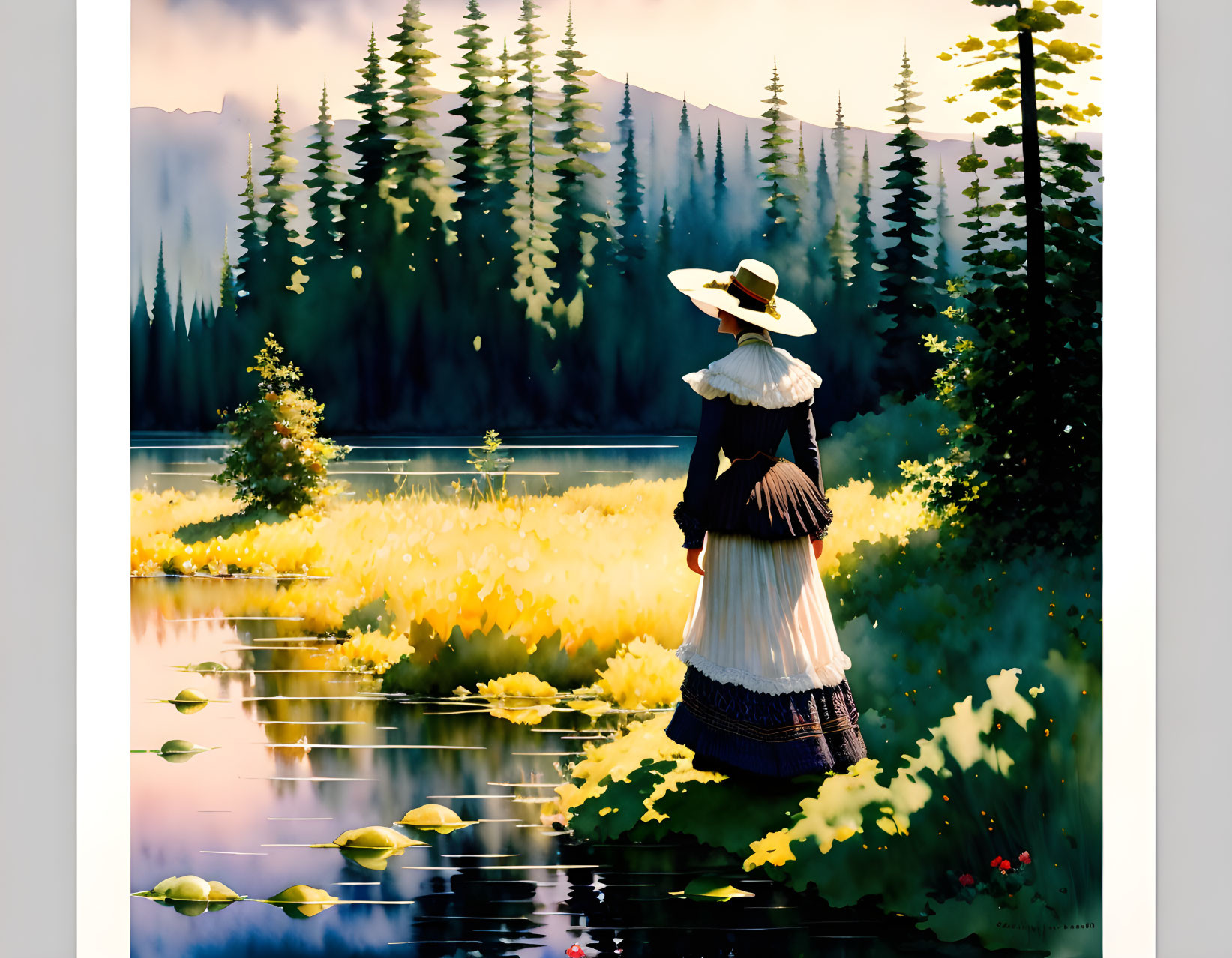 Woman in vintage dress and hat by serene lake with lily pads, trees, and mountains at sunset