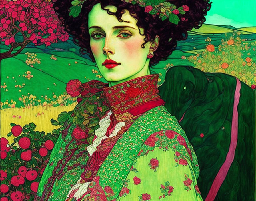 Stylized portrait of woman with pale skin and curly black hair in vibrant green landscape